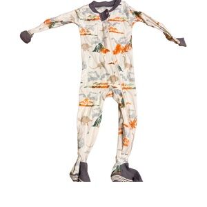 Burt's Bees Baby One Piece with Orange and Gray dinosaur volcano design
